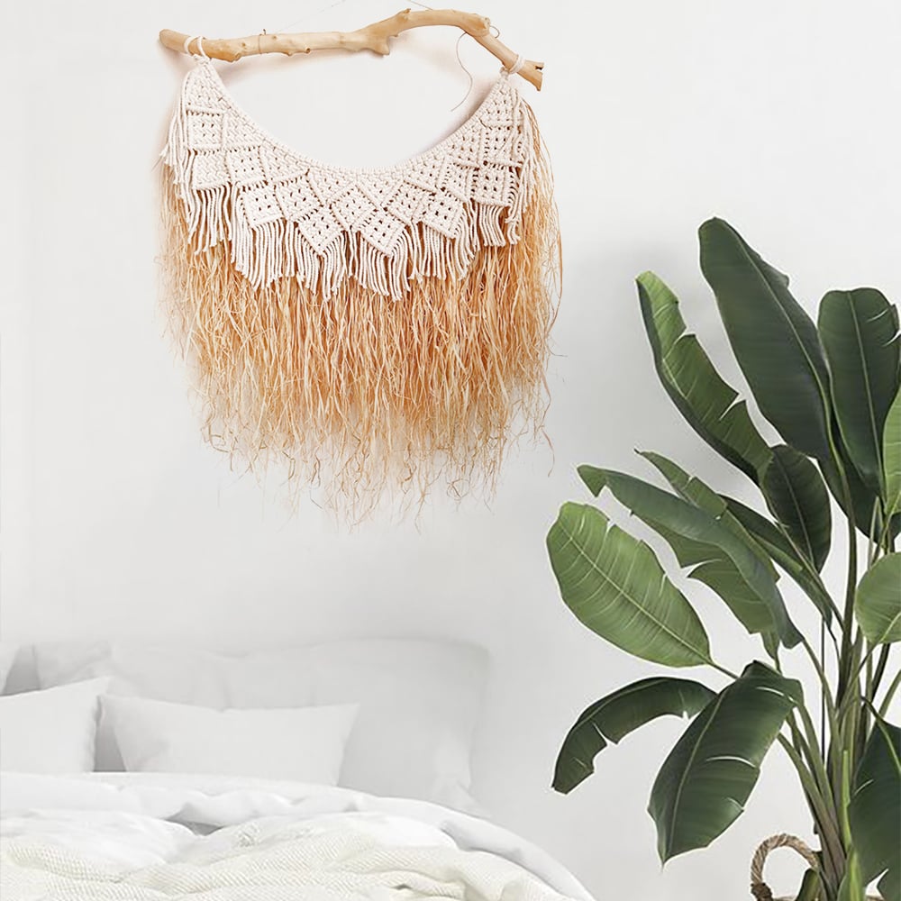 HMR - Large Handmade Boho Woven Raffia Wood Tapestry Natural Cotton Macrame Wall Hanging