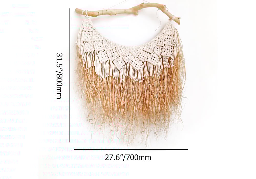HMR - Large Handmade Boho Woven Raffia Wood Tapestry Natural Cotton Macrame Wall Hanging