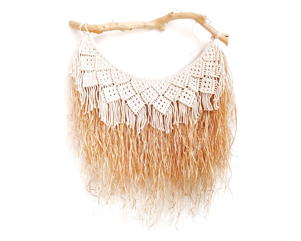 HMR - Large Handmade Boho Woven Raffia Wood Tapestry Natural Cotton Macrame Wall Hanging