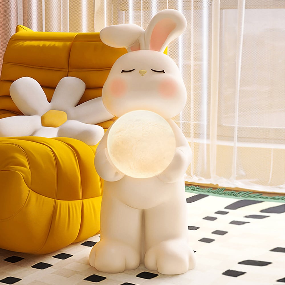 HMR - 24.4" White Resin Rabbit Moon Floor Lamp Sculpture Ornament Decor Living Room Bedroom