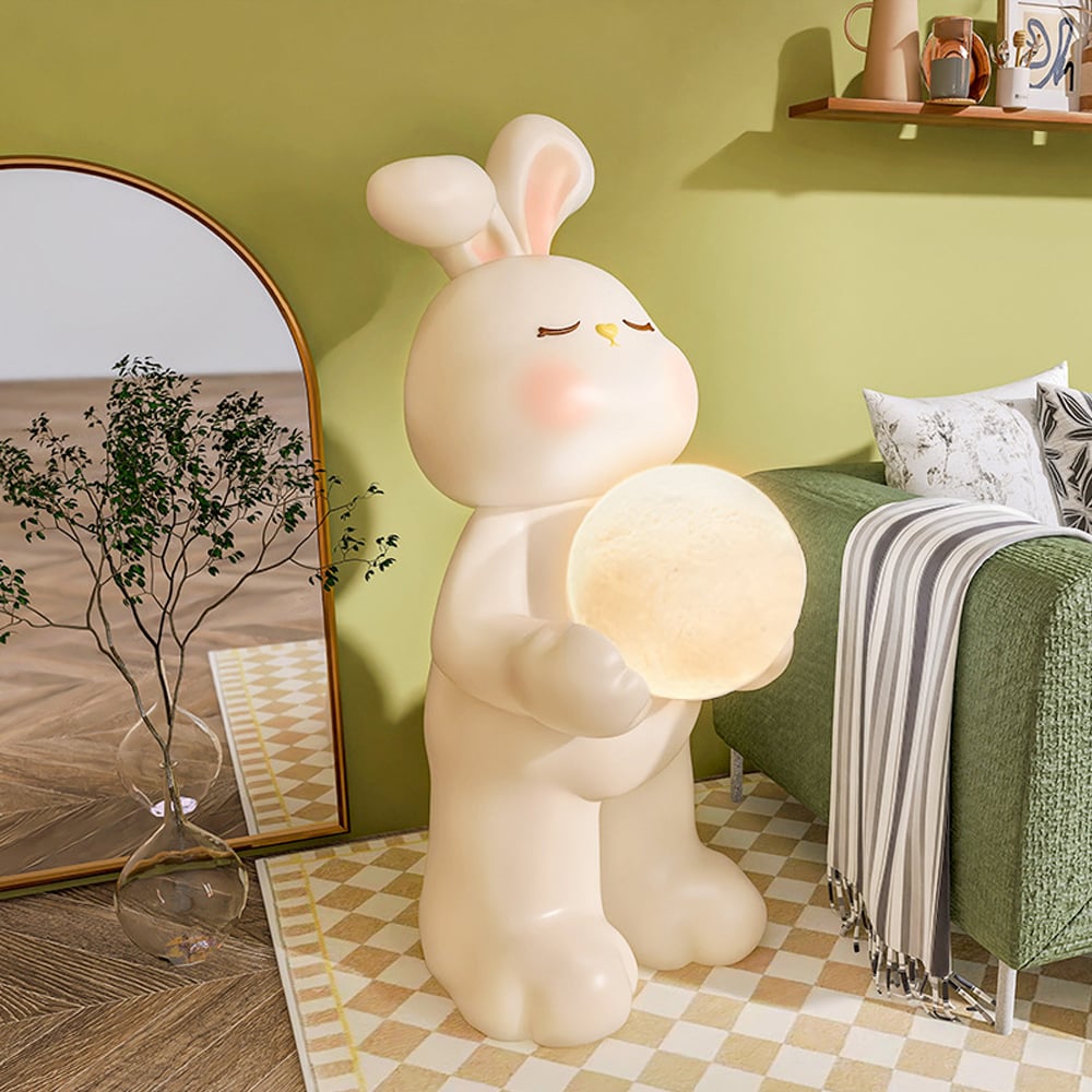 HMR - 24.4" White Resin Rabbit Moon Floor Lamp Sculpture Ornament Decor Living Room Bedroom