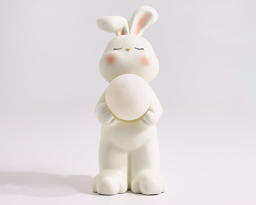 HMR - 24.4" White Resin Rabbit Moon Floor Lamp Sculpture Ornament Decor Living Room Bedroom