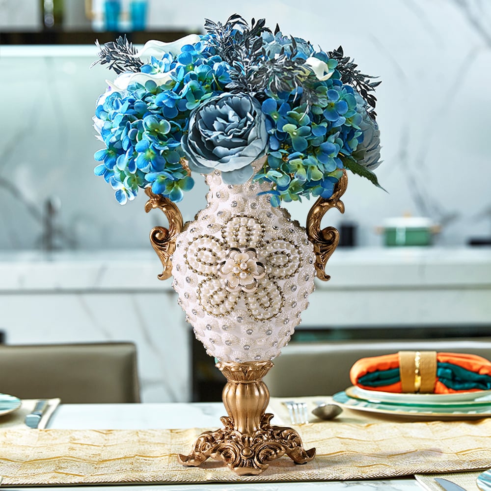 HMR - Shinely 15" European Retro White & Gold Resin Large Flower Vase Decor Art Living Room