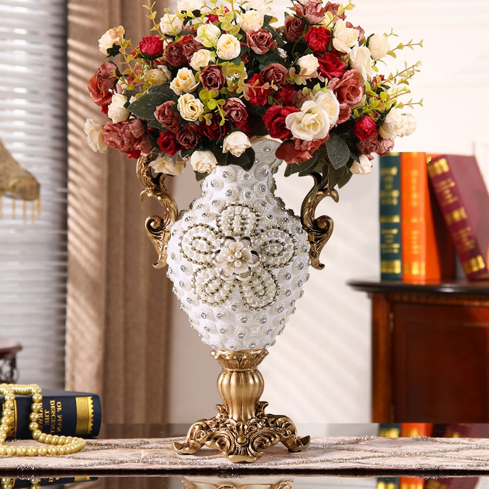 HMR - Shinely 15" European Retro White & Gold Resin Large Flower Vase Decor Art Living Room