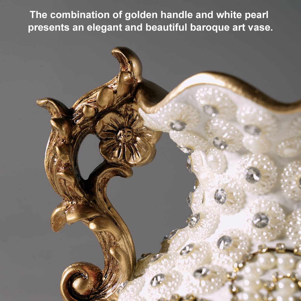 HMR - Shinely 15" European Retro White & Gold Resin Large Flower Vase Decor Art Living Room