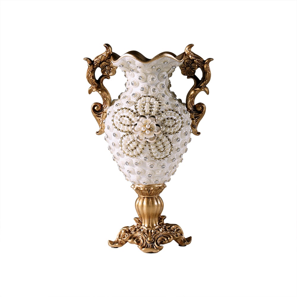 HMR - Shinely 15" European Retro White & Gold Resin Large Flower Vase Decor Art Living Room