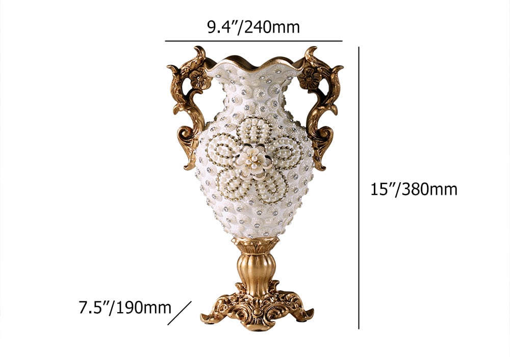 HMR - Shinely 15" European Retro White & Gold Resin Large Flower Vase Decor Art Living Room
