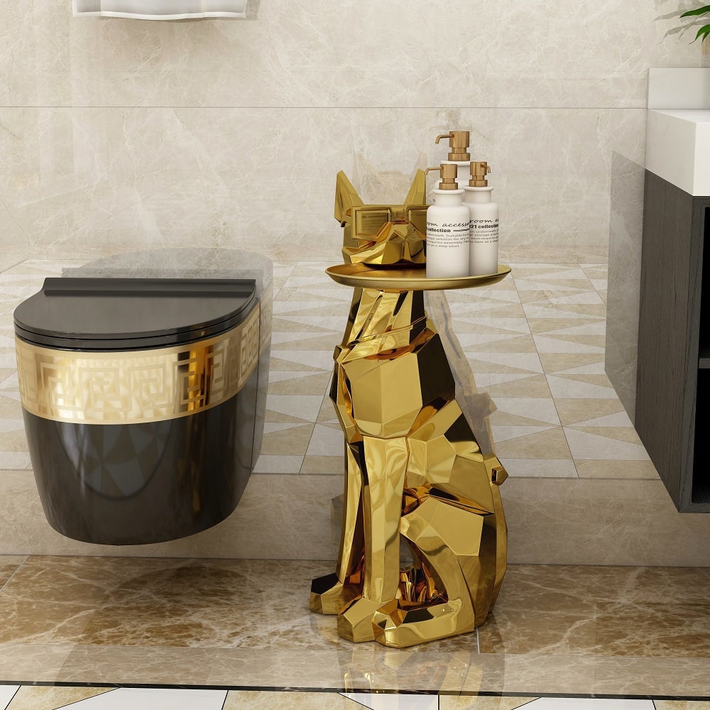 HMR Dog Sculpture Resin Side Table with Tray Top & Tissue Box - Gold