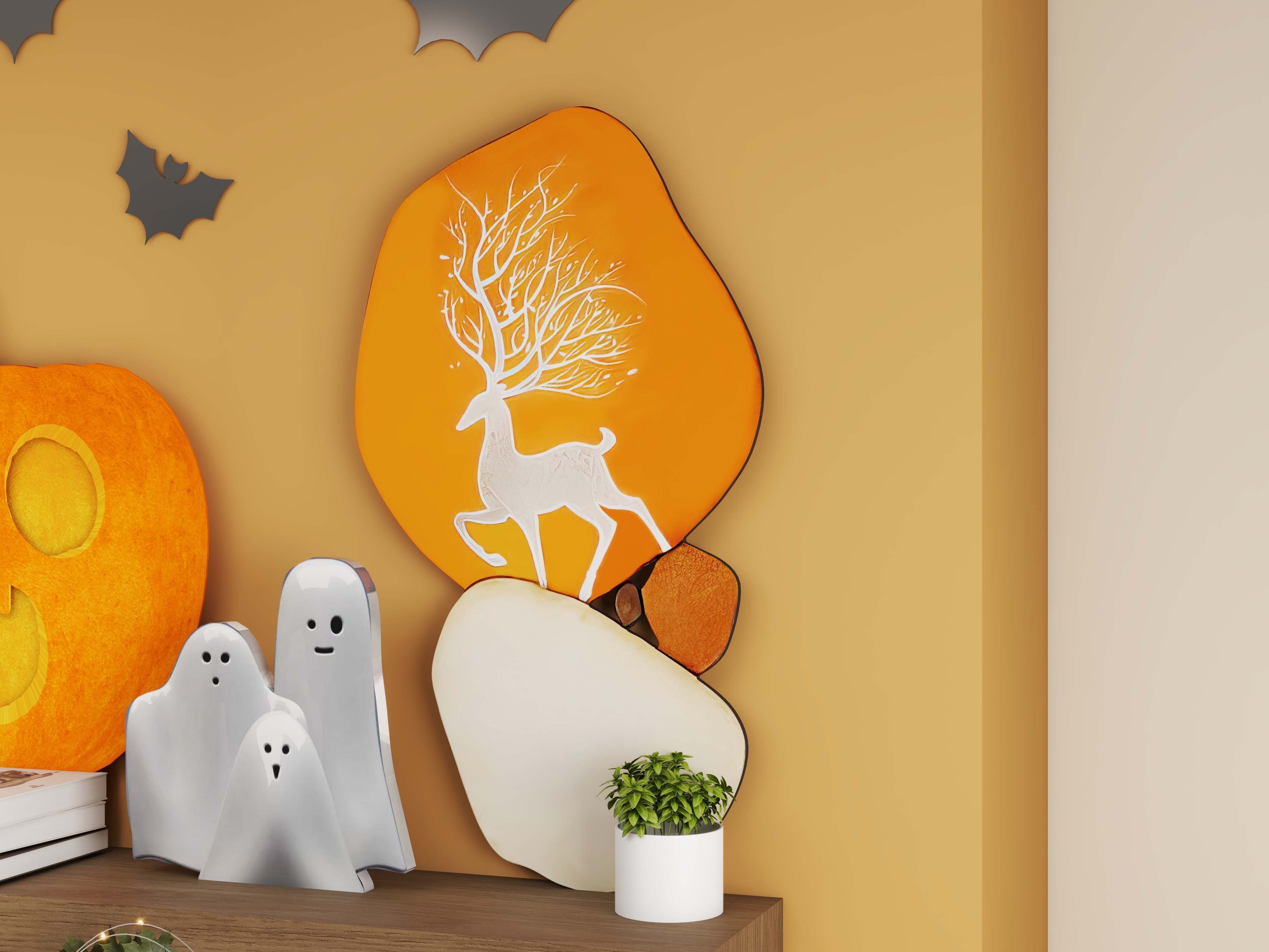 HMR - Modern Wooden Deer Wall Decor Irregular Abstract Elk Painting Art Living Room Bedroom