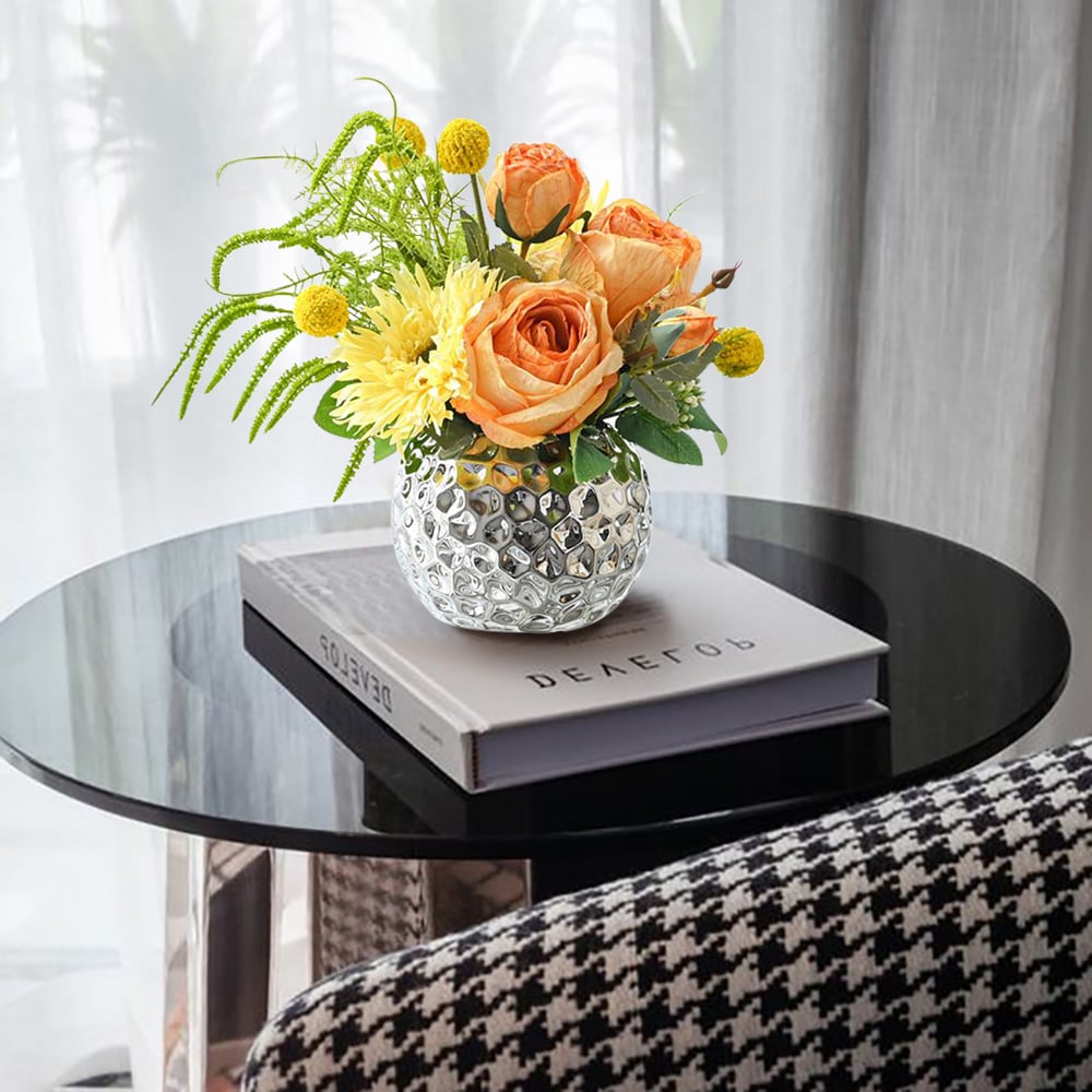 HMR - Orange Artificial Flower Arrangement in Silver Vase Table Centerpiece Fake Flower