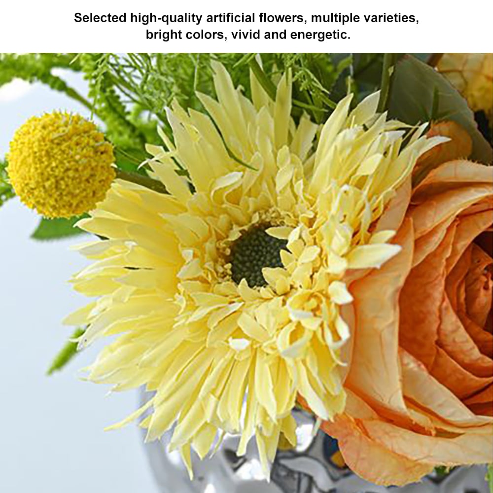HMR - Orange Artificial Flower Arrangement in Silver Vase Table Centerpiece Fake Flower
