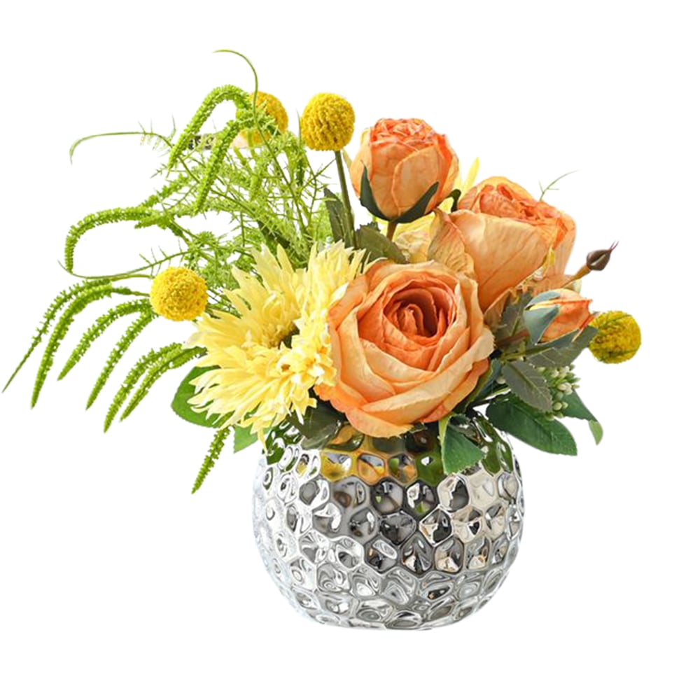 HMR - Orange Artificial Flower Arrangement in Silver Vase Table Centerpiece Fake Flower