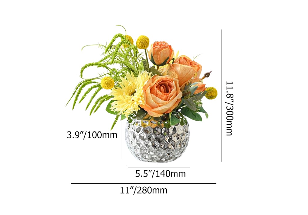HMR - Orange Artificial Flower Arrangement in Silver Vase Table Centerpiece Fake Flower
