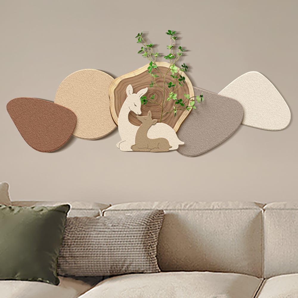 HMR - Japandi Deer 3D Wall Decorative Painting Creative Living Room Decor with Faux Plants