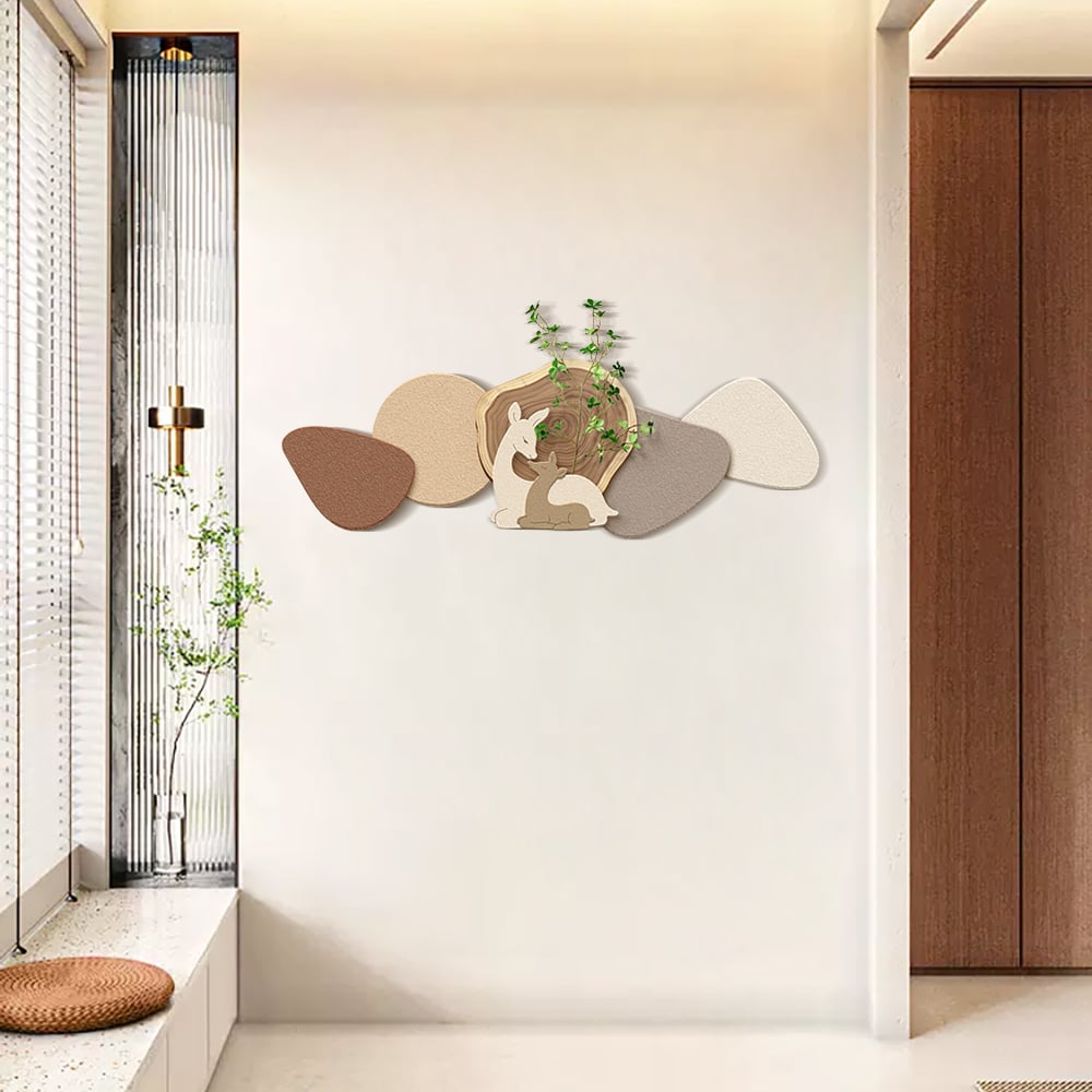 HMR - Japandi Deer 3D Wall Decorative Painting Creative Living Room Decor with Faux Plants