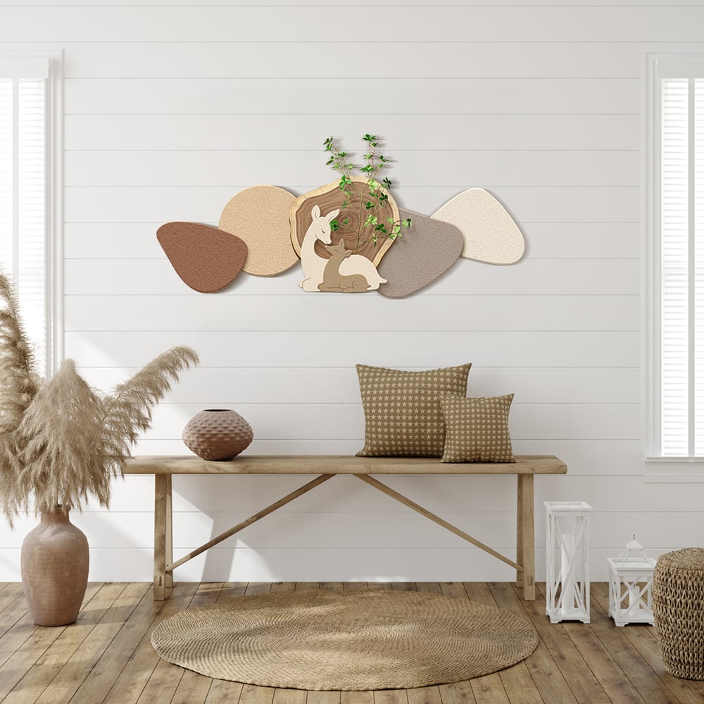 HMR - Japandi Deer 3D Wall Decorative Painting Creative Living Room Decor with Faux Plants