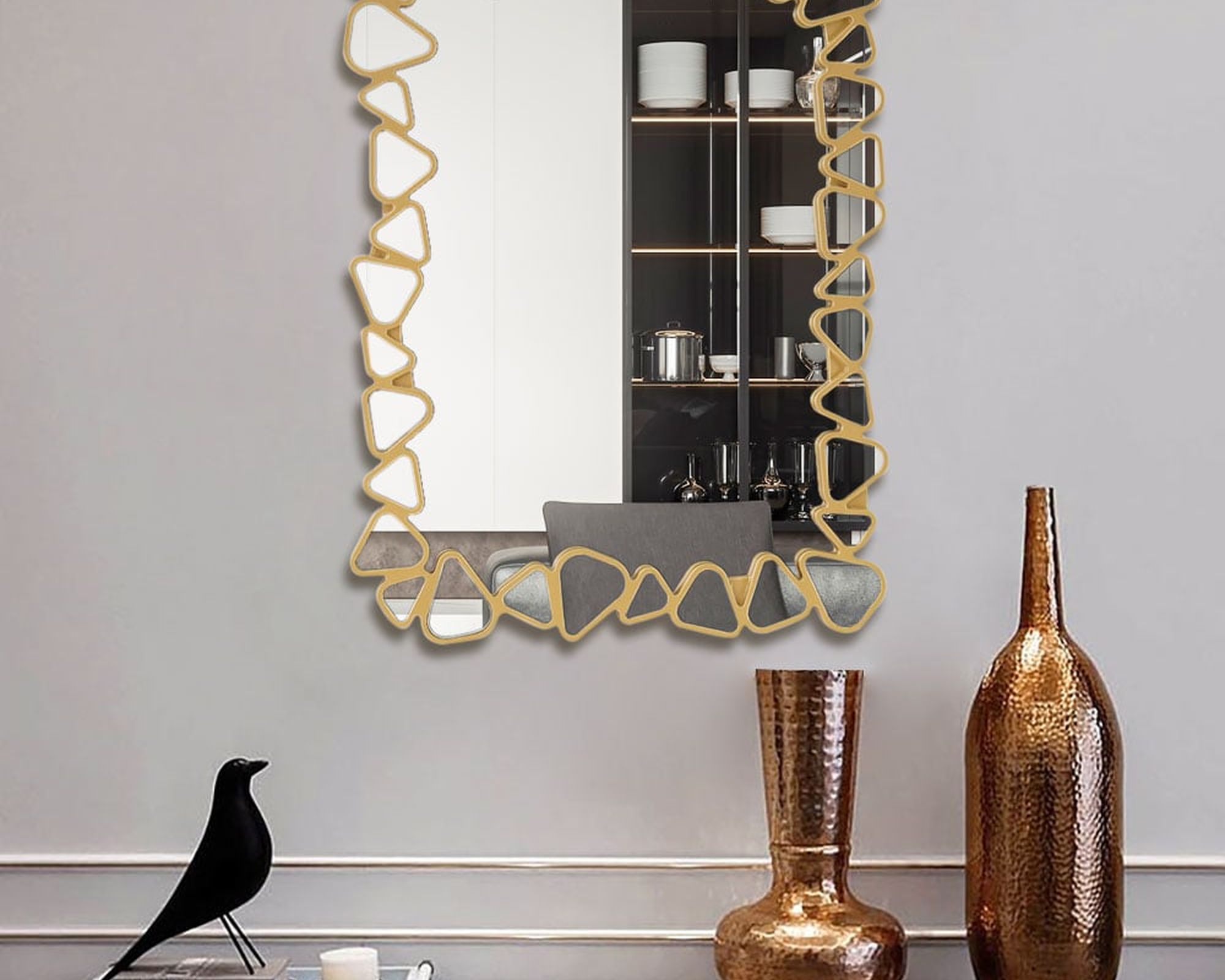 HMR Modern Large Gold Irregular Pebble Wall Mirror Decor with Geometric Frame Living Room - Rectangle