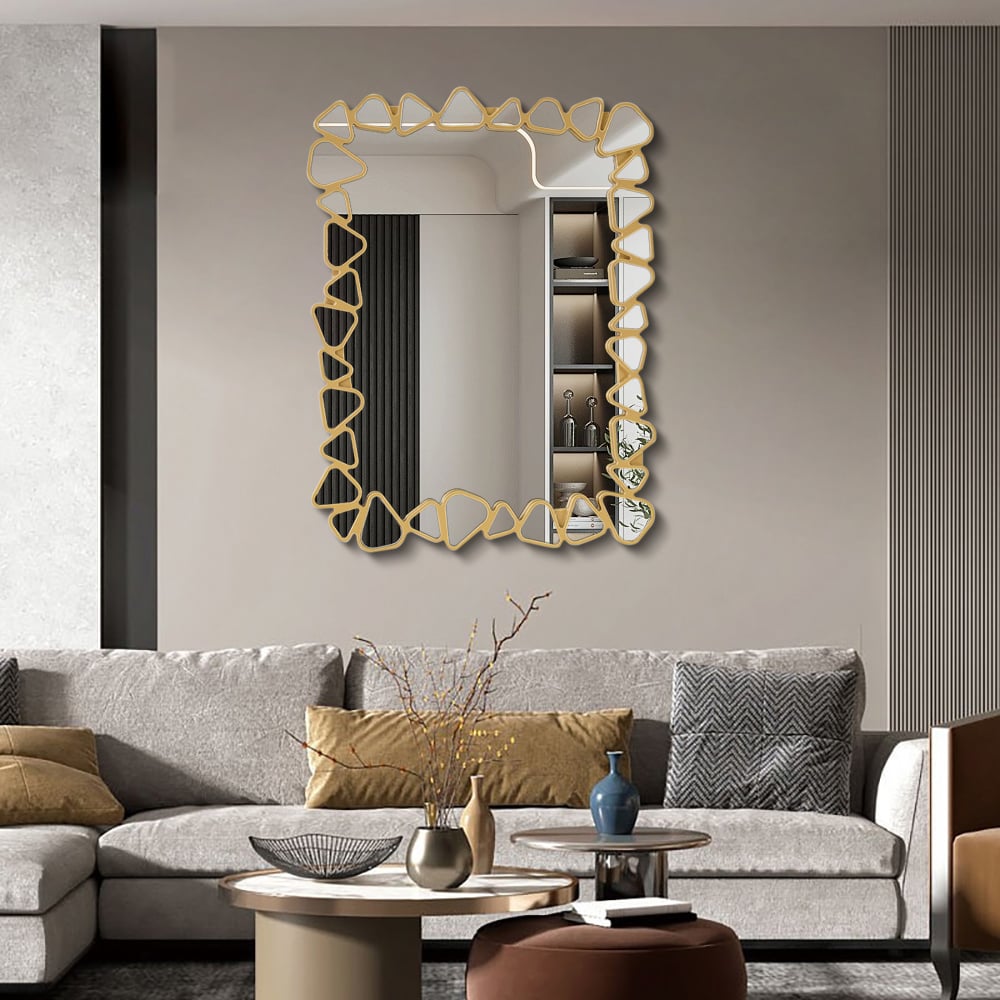 HMR Modern Large Gold Irregular Pebble Wall Mirror Decor with Geometric Frame Living Room - Rectangle