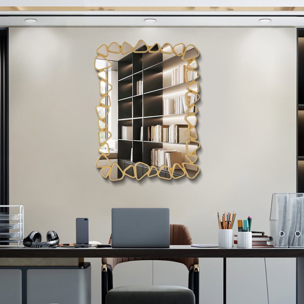 HMR Modern Large Gold Irregular Pebble Wall Mirror Decor with Geometric Frame Living Room - Rectangle