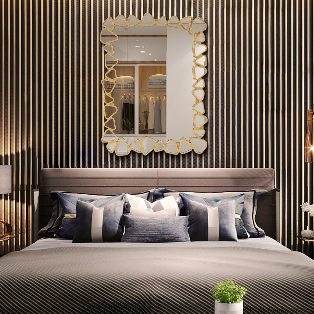 HMR Modern Large Gold Irregular Pebble Wall Mirror Decor with Geometric Frame Living Room - Rectangle