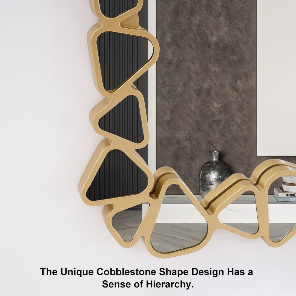 HMR Modern Large Gold Irregular Pebble Wall Mirror Decor with Geometric Frame Living Room - Rectangle
