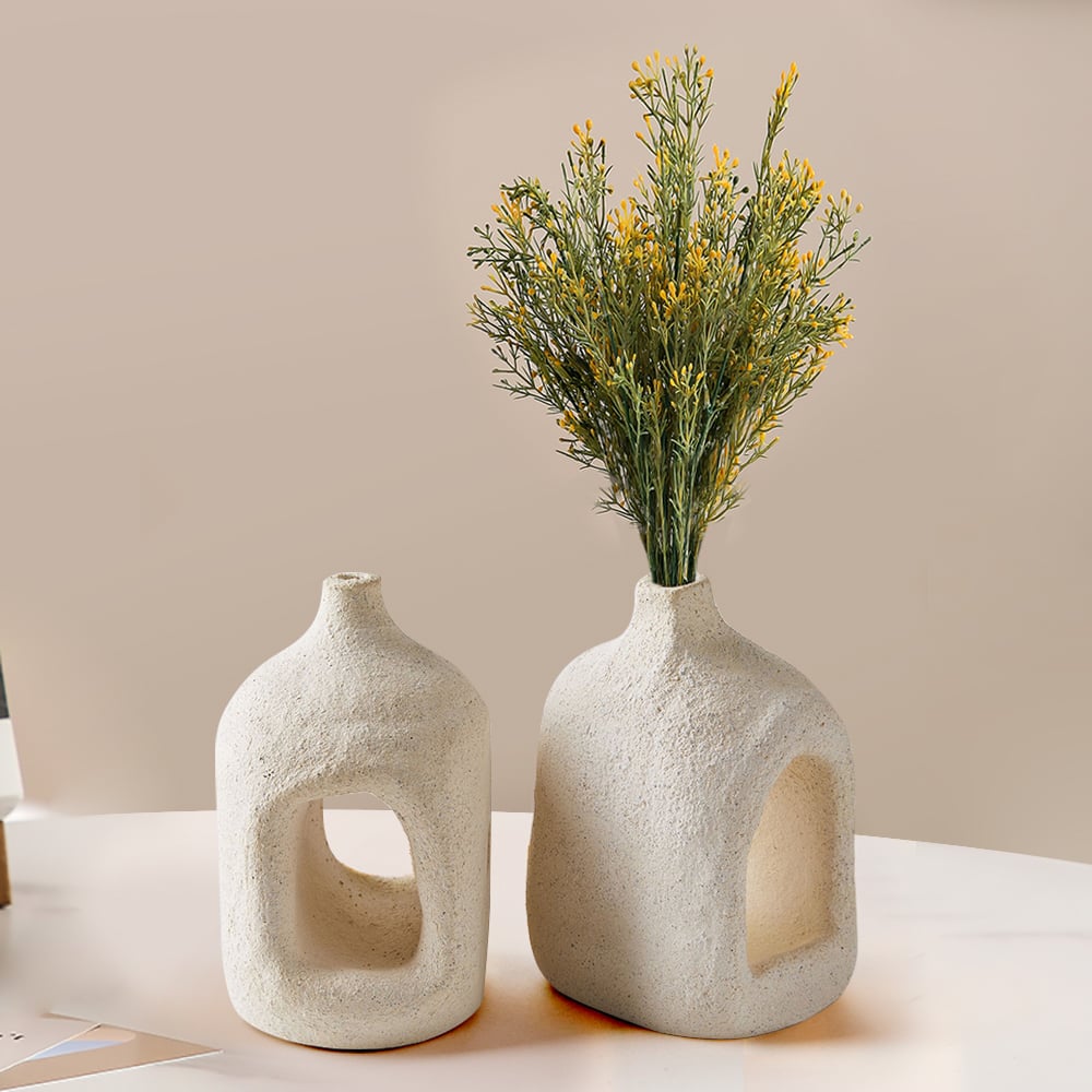 HMR - 2 Pieces Khaki Resin Flower Vase Set Japandi Abstract Decor Art Living Room Bedroom