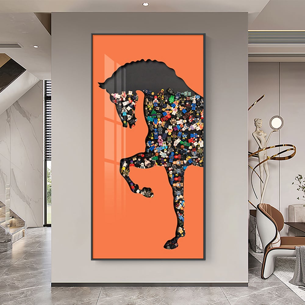 HMR - 39.4" Rectangle Horse Building Blocks Wall Art Decor with Aluminum Frame Living Room