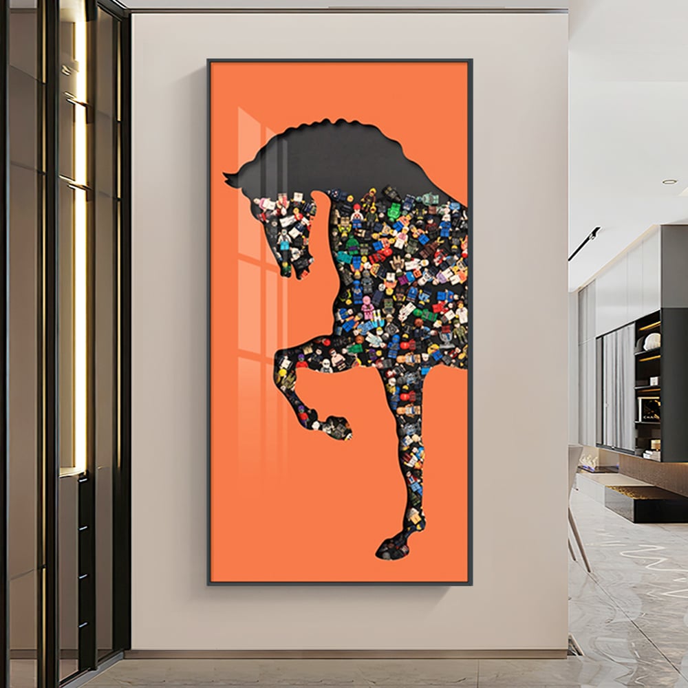 HMR - 39.4" Rectangle Horse Building Blocks Wall Art Decor with Aluminum Frame Living Room