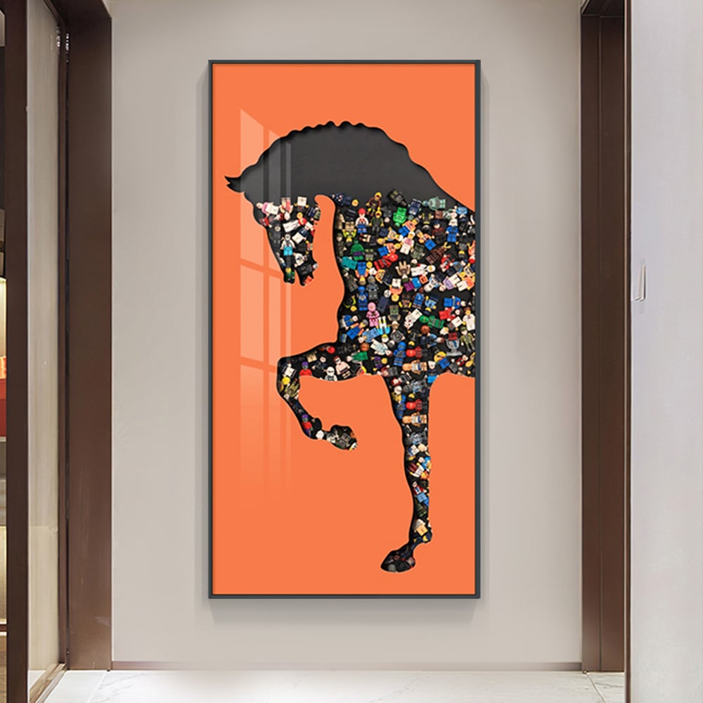 HMR - 39.4" Rectangle Horse Building Blocks Wall Art Decor with Aluminum Frame Living Room