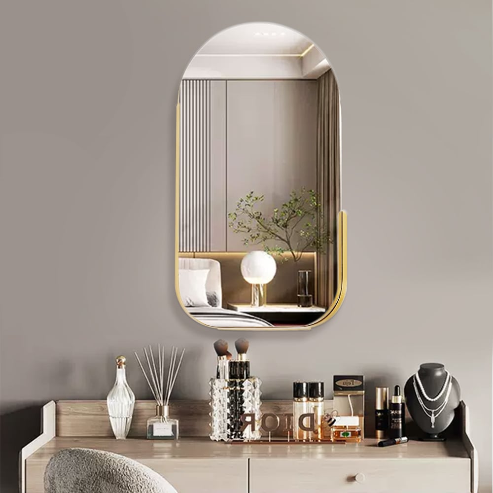 HMR - 31.5" Modern Arch Gold Wall Mirror Decor with Storage Shelf Rack Living Room Bedroom