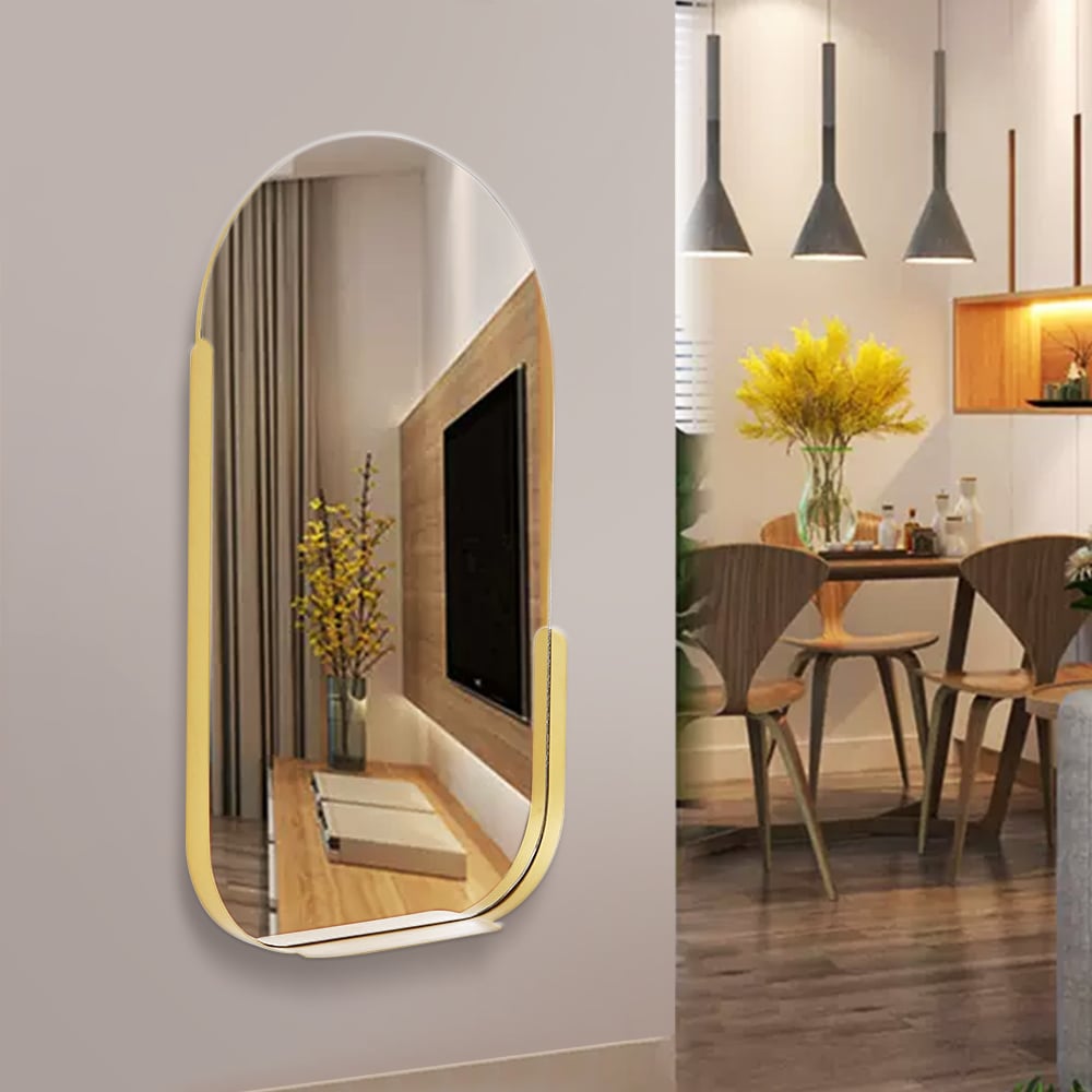 HMR - 31.5" Modern Arch Gold Wall Mirror Decor with Storage Shelf Rack Living Room Bedroom