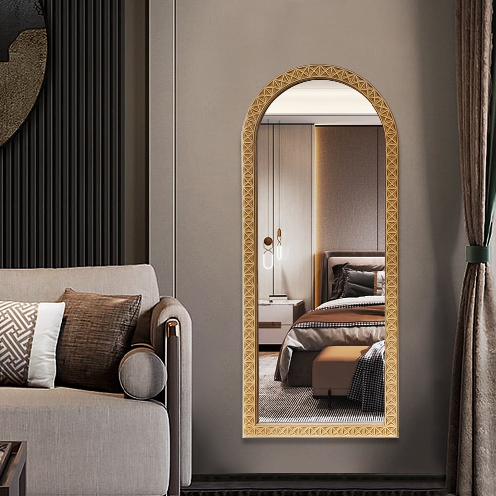 HMR - 47.2" Large Long Arch Natural Carved Wood Full Length Wall Mirror Decor Art Living Room