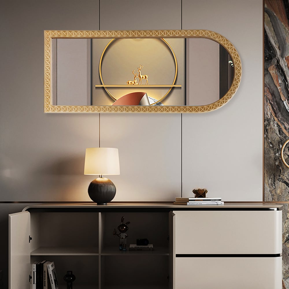 HMR - 47.2" Large Long Arch Natural Carved Wood Full Length Wall Mirror Decor Art Living Room