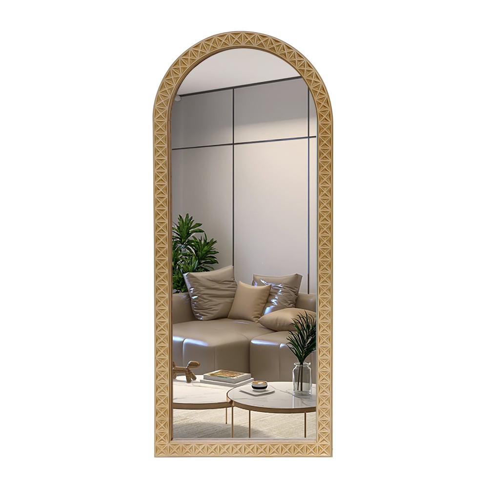HMR - 47.2" Large Long Arch Natural Carved Wood Full Length Wall Mirror Decor Art Living Room