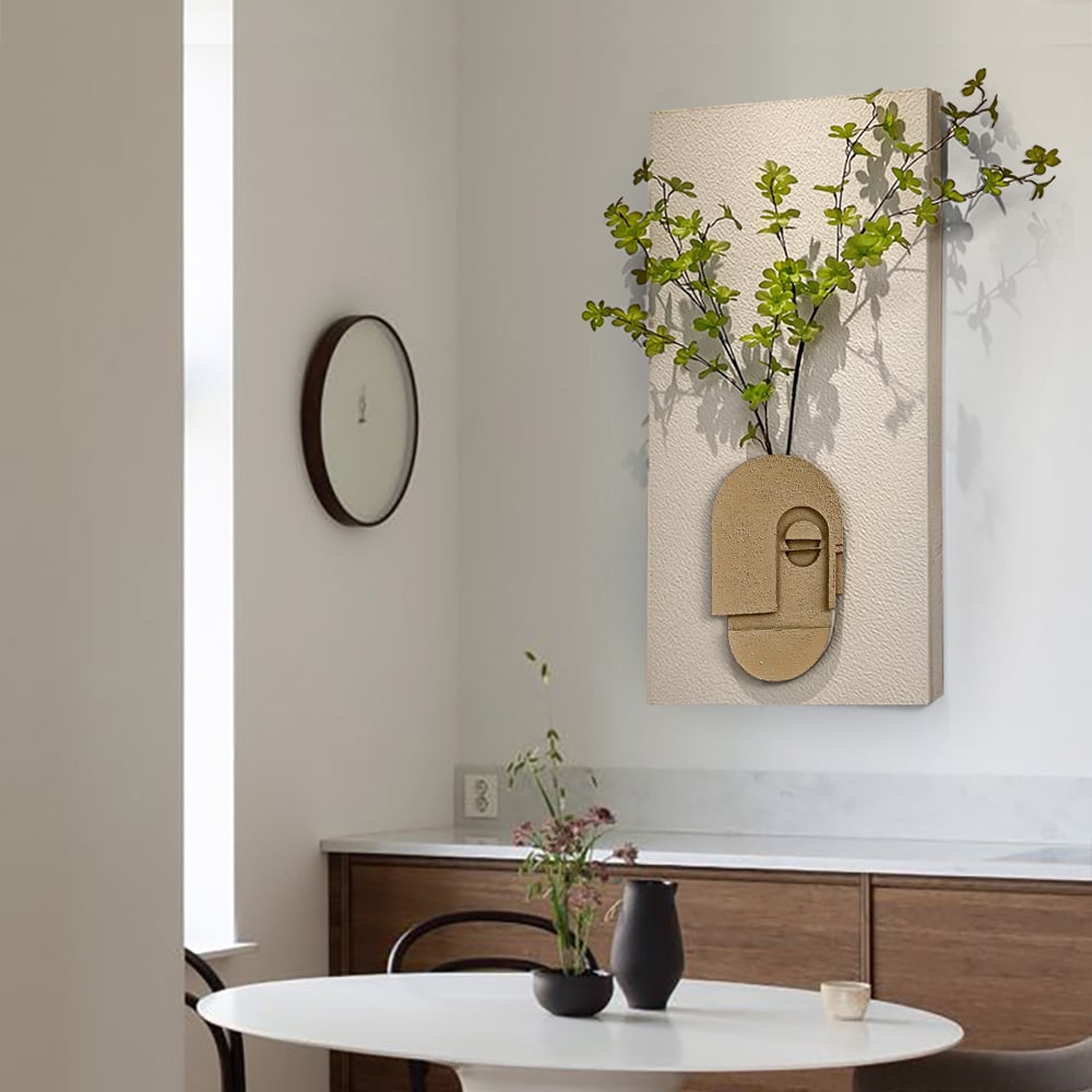 HMR - 3D Abstract Natural Sandstone Handmade Sculpture with Artificial Plants Wall Decor