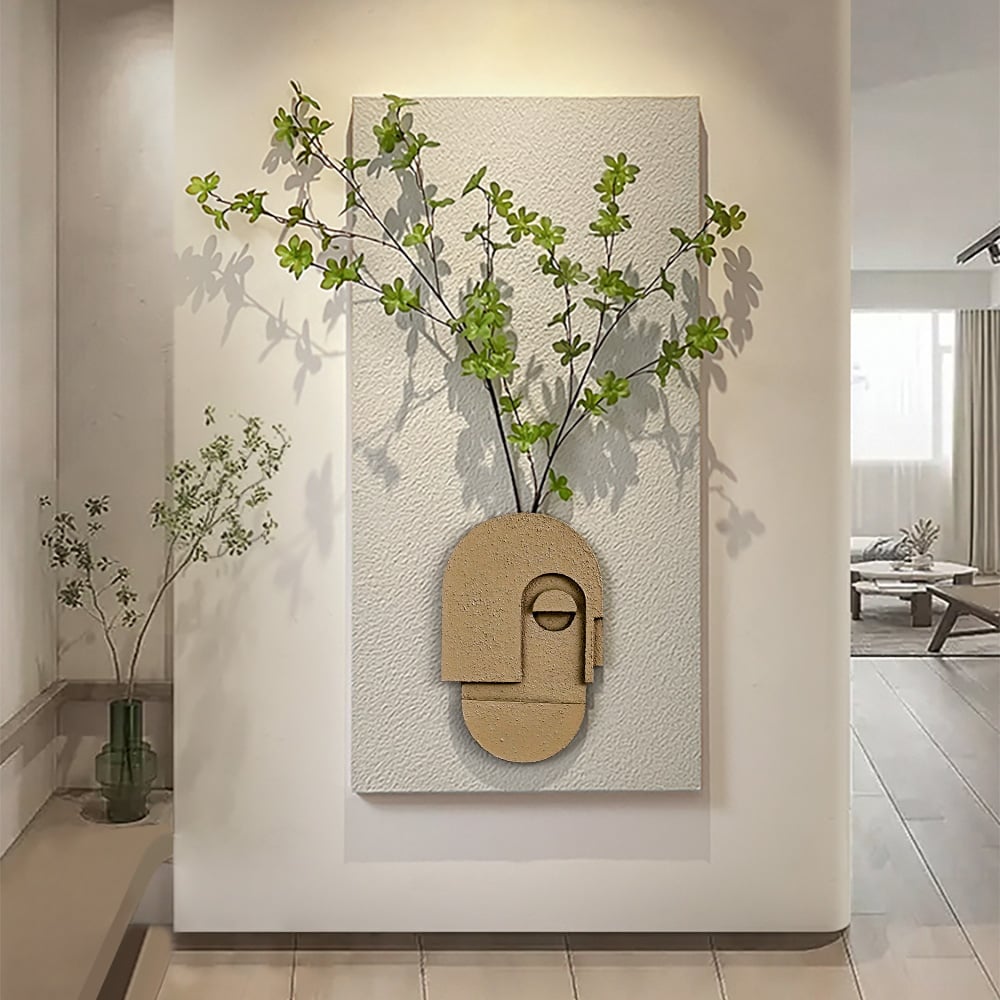 HMR - 3D Abstract Natural Sandstone Handmade Sculpture with Artificial Plants Wall Decor