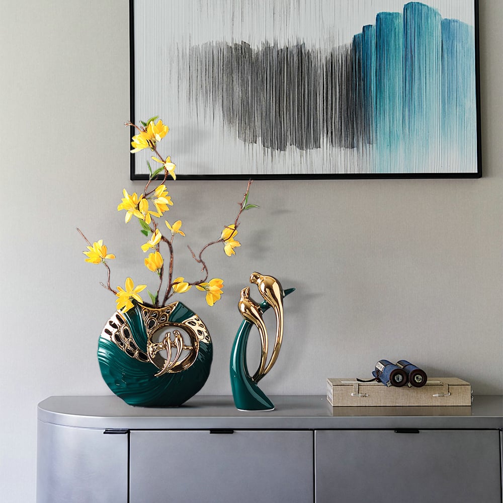 HMR - 2PCS Modern Yellow Artificial Flower Arrangement in Green Ceramic Magpie Vase Home Decor