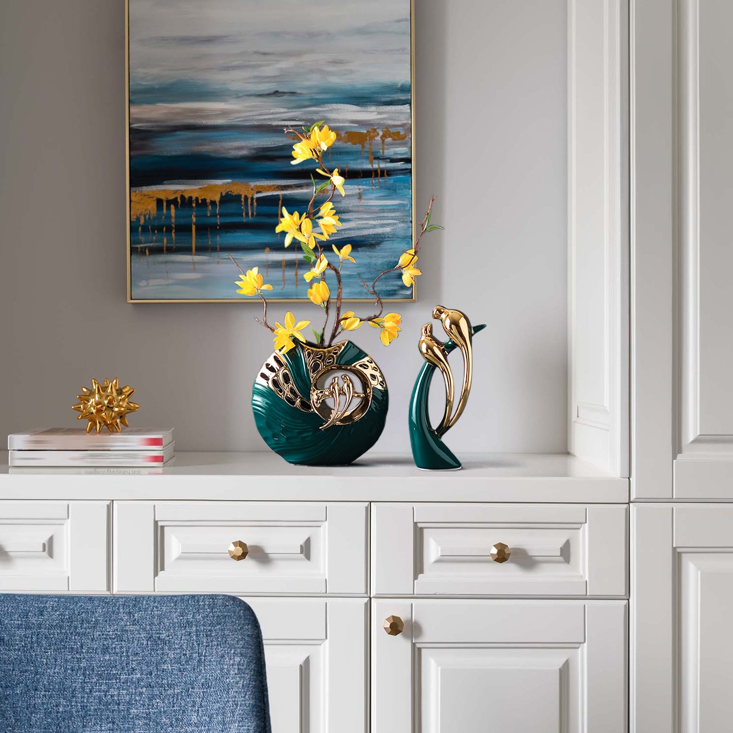 HMR - 2PCS Modern Yellow Artificial Flower Arrangement in Green Ceramic Magpie Vase Home Decor