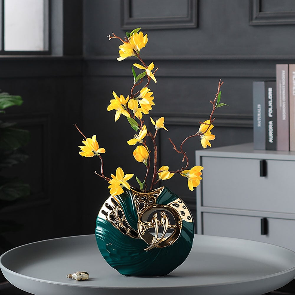 HMR - 2PCS Modern Yellow Artificial Flower Arrangement in Green Ceramic Magpie Vase Home Decor