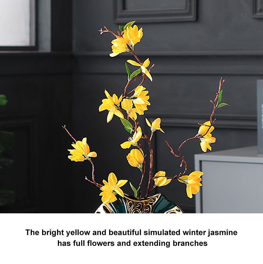 HMR - 2PCS Modern Yellow Artificial Flower Arrangement in Green Ceramic Magpie Vase Home Decor