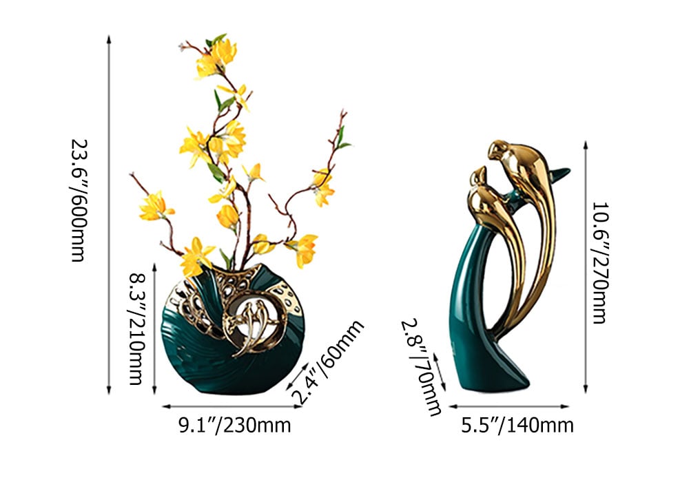 HMR - 2PCS Modern Yellow Artificial Flower Arrangement in Green Ceramic Magpie Vase Home Decor