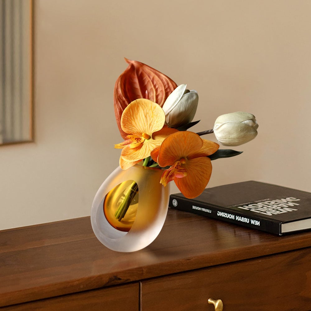 HMR - Orange Artificial Flower Arrangement in Vase Clear Glass Bottle Table Fake Flower Decor