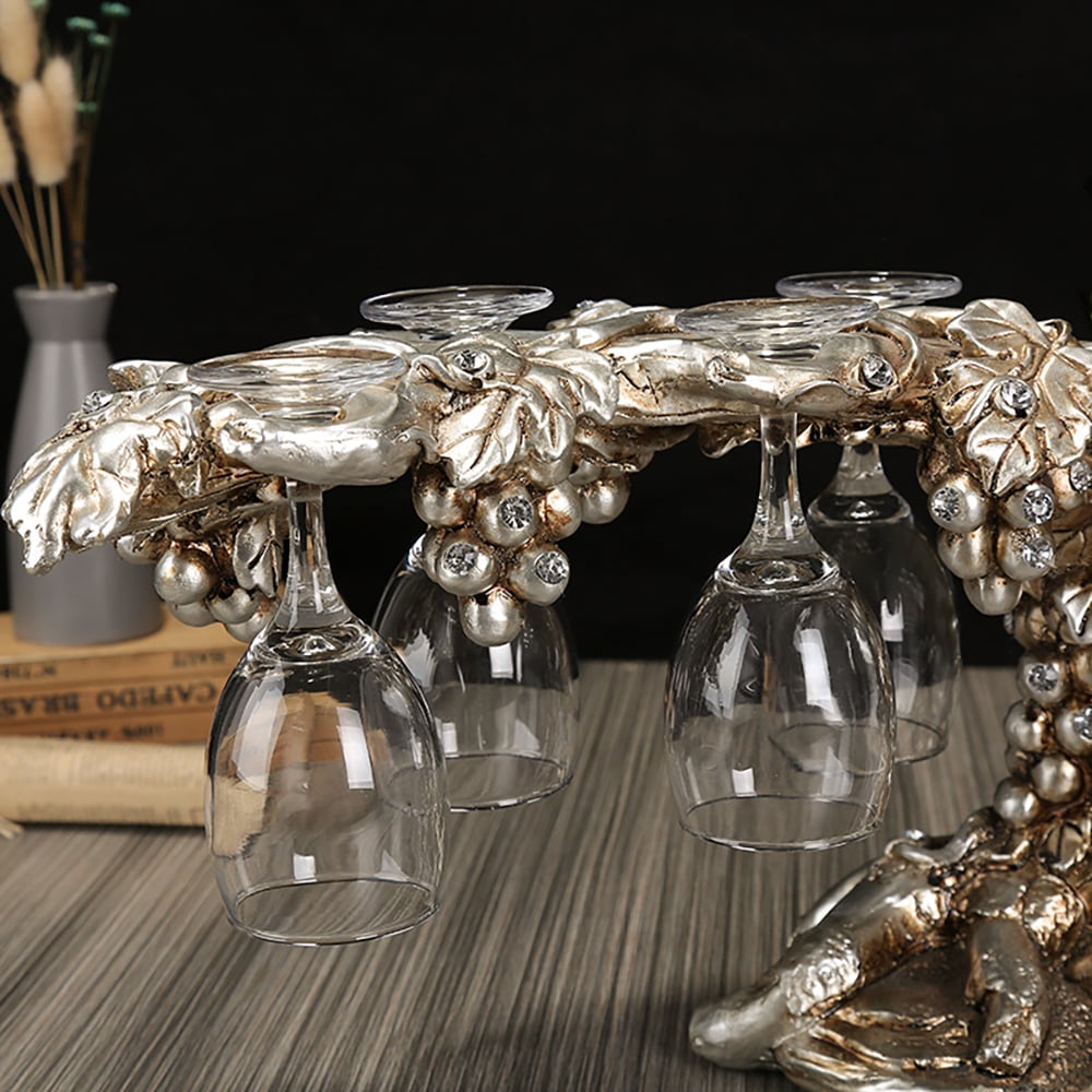 HMR - Traditional Wine Glass Rack Grape Vines Tabletop Wine Bottle Holder in Distressed Silver