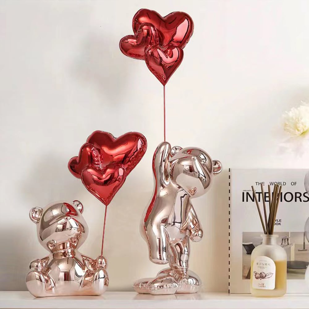 HMR - Cute Pink Bear Statue Sculpture Ornament Decor with Red Heart Balloons