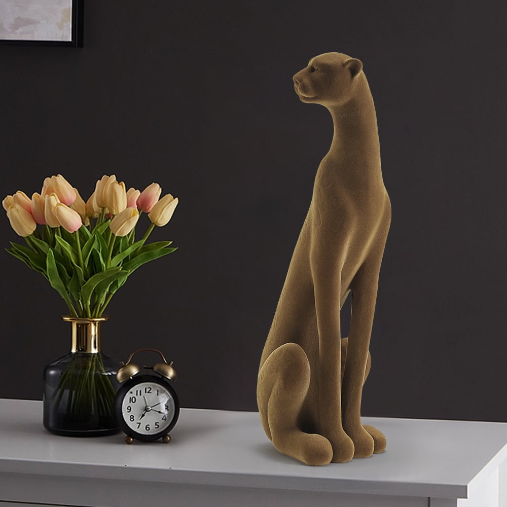 HMR - 17.3" Leopard Sculpture Cheetah Ornament Decor Art Velvet Brown Living Room Bedroom