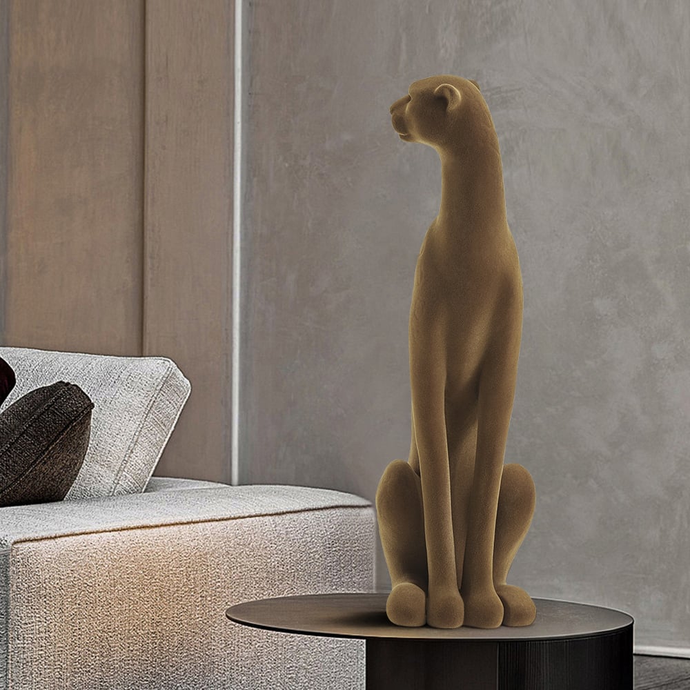 HMR - 17.3" Leopard Sculpture Cheetah Ornament Decor Art Velvet Brown Living Room Bedroom