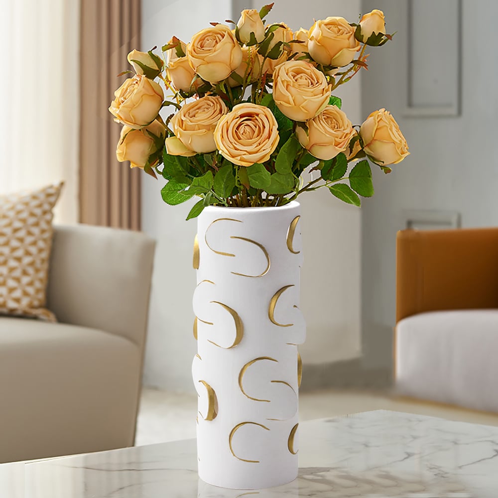 HMR - 13.4" White & Gold Resin Cylinder Flower Vase Modern Decor Art Living Room Bedroom