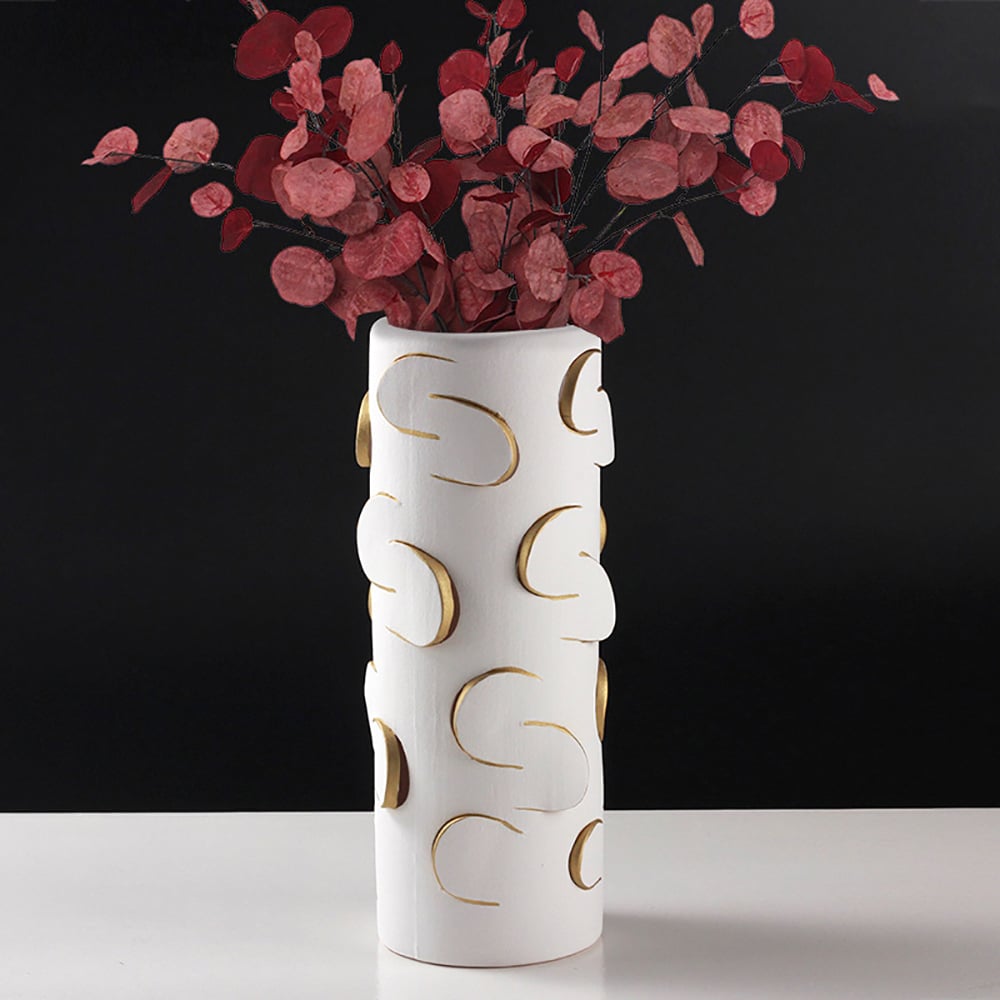 HMR - 13.4" White & Gold Resin Cylinder Flower Vase Modern Decor Art Living Room Bedroom
