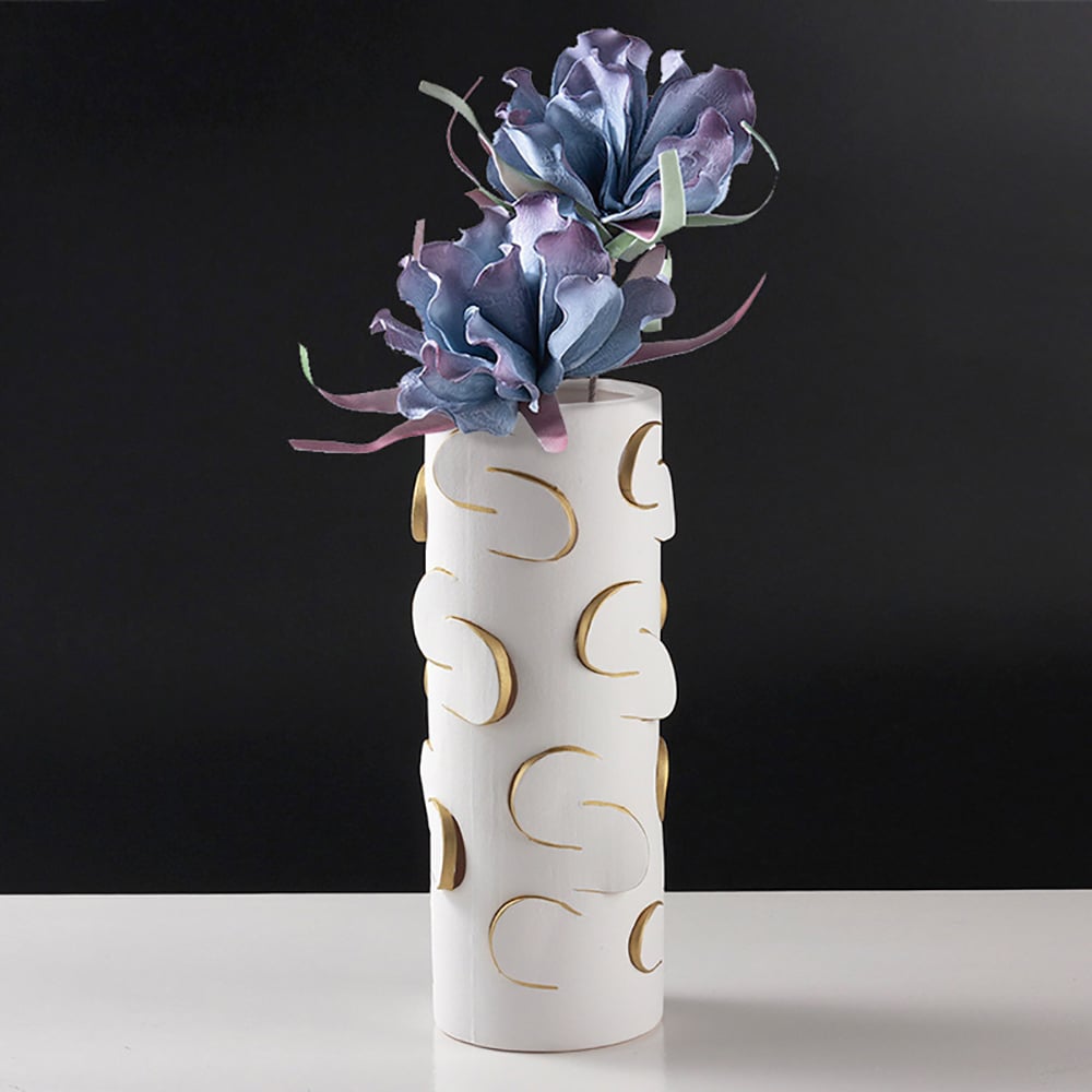 HMR - 13.4" White & Gold Resin Cylinder Flower Vase Modern Decor Art Living Room Bedroom