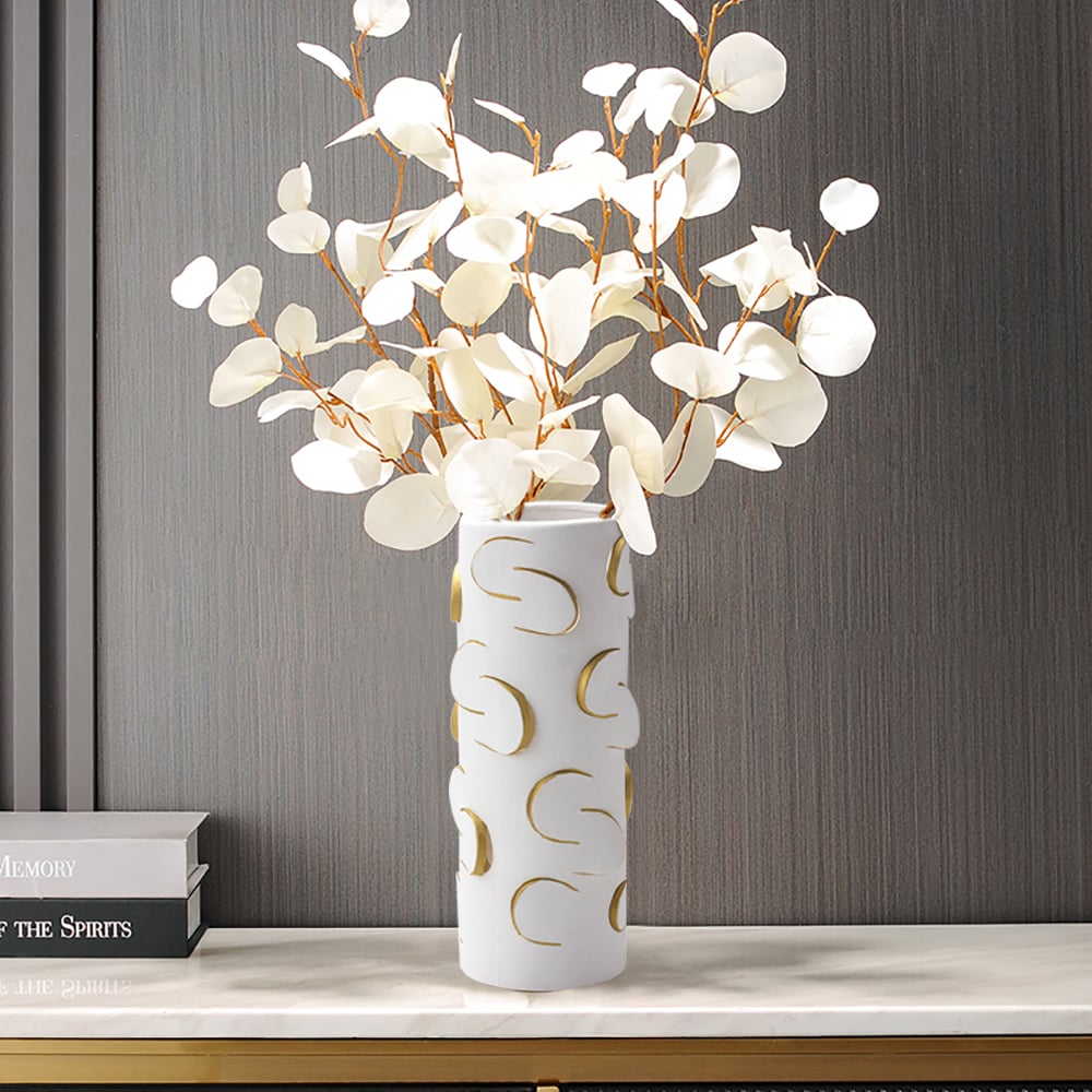 HMR - 13.4" White & Gold Resin Cylinder Flower Vase Modern Decor Art Living Room Bedroom